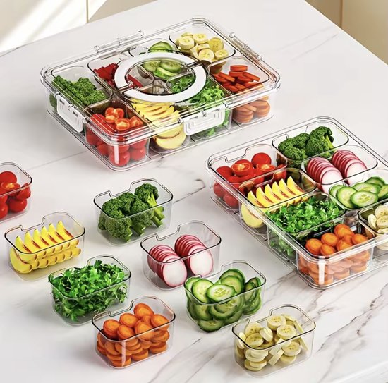 Pohoudy Transparente Snackbox mit Deckel und Griff, 8 Fächer, unterteiltes Serviertablett, tragbarer Reise Snack Charcuterie Organizer für Süßigkeiten, Obst, Gemüse und Snacks