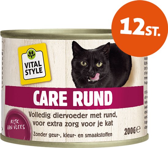 VITALstyle Care Met Rund - Natvoer - Gevarieerde Voeding Voor Een Levenslustige Kat - Met o.a. Catnip & Peterselie - 12 x 200 g