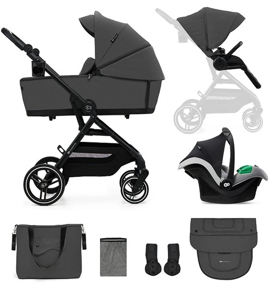 Grijze Kinderkraft YOXI kinderwagen met reiswieg, autostoel, tas en accessoires.