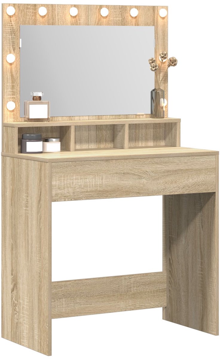 Kaptafel met spiegel en verlichting - Make up tafel - Make up - Toilettafel - Met lades - Sonoma Eiken