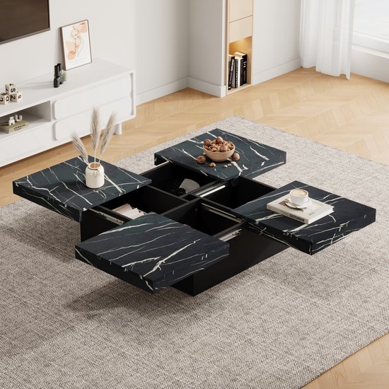 Sweiko Salontafel - Marmerstructuur - 4 lades - Verstelbaar tafelblad - Zwart