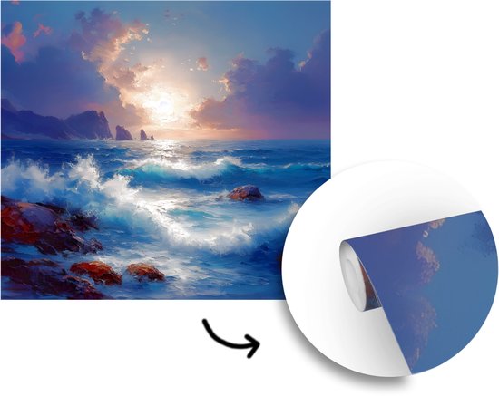 Behang - Fotobehang Golven - Zee - Kleurrijk - Rotsen - Breedte 240 cm x hoogte 240 cm