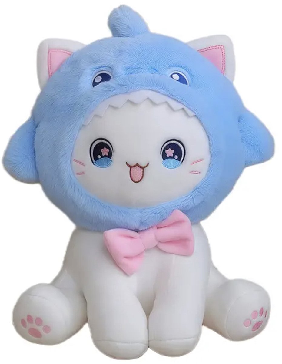 Creasowl® – Katten Knuffel met Haaien Mutsje – Kawaii Knuffel Kat 25 cm – Zachte Pluche Kattenknuffel – Schattige Knuffel – Cadeau Meisje of Kind