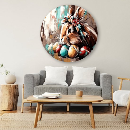 Konijn met eieren en bloemen - Konijn wandcirkel - Ronde wanddecoratie eieren - Expressionisme - Forex muurcirkel op maat - Kunst aan de muur - muurcirkel forex 40x40 cm