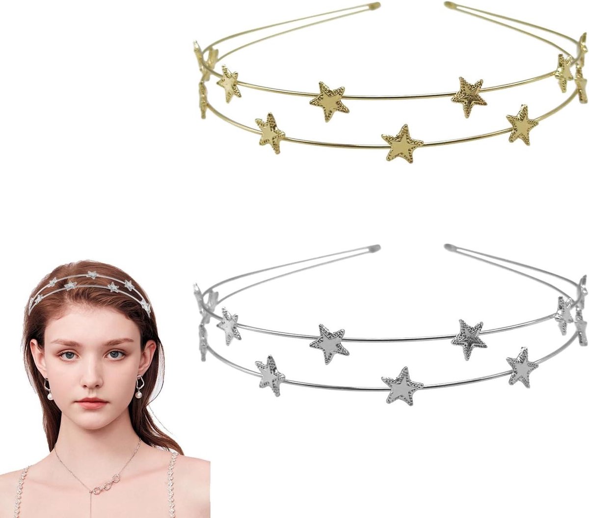 Allecto Plus - Gouden en Zilveren Haarband met Sterren - Glanzende Diadeem voor Meisjes - Feestelijke Haaraccessoires met Antislip-design