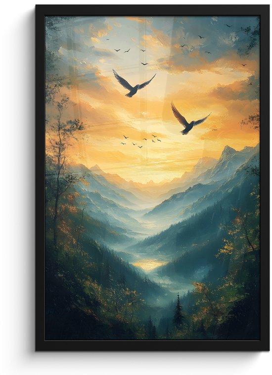 Poster in lijst - Fotolijst 40x60 cm - Posters - Vogels - Zon - Bomen - Groen - Posterlijst zwart - Decoratie - Wanddecoratie woonkamer - Muurdecoratie slaapkamer