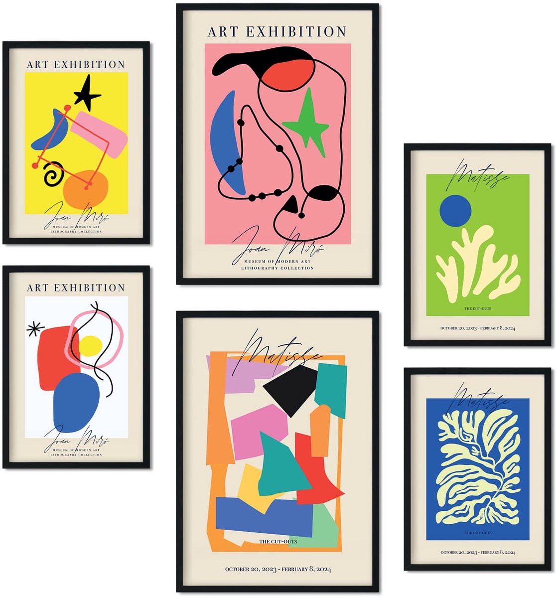 Ibenzoa Set van 6 Posters voor Kunsttentoonstelling - Esthetische Collages voor Interieurdecoratie in A3 en A4 Formaat kleurrijk