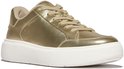 Gouden metallic leren FitFlop sneaker met veters en dikke witte zool.