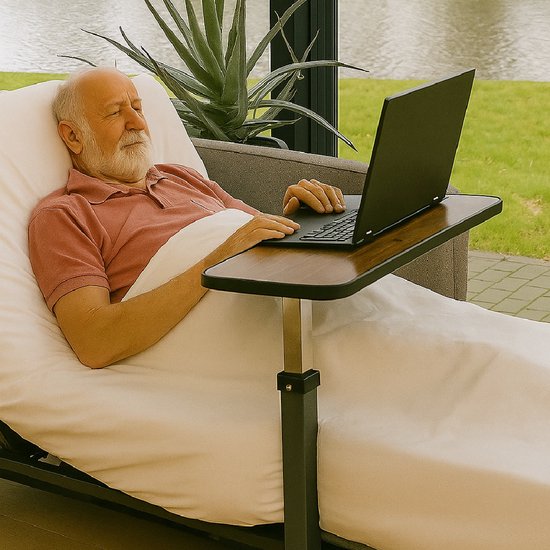 Luxe kantelbare bedtafel op wielen (verstelbaar) - Bruin - Stoeltafel Met Wielen En Met 90° Kantel Blad - Overbed Tafel Volledig Verstelbaar