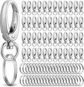 80 stuks sleutelringen roestvrij staal kleine karabijnhaken sleutelhangers knutselen zelf maken ringen karabijnhaak met draaischarnier, zilver