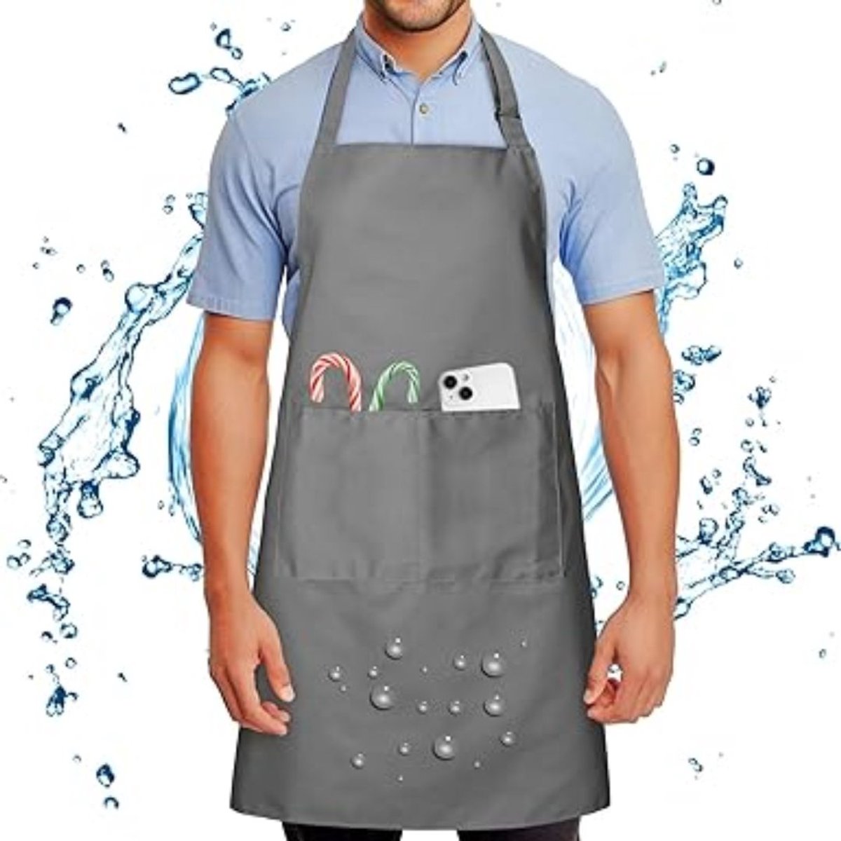 CLGP® Waterdicht Schort met 2 Zakken - Verstelbare Nekband Schort voor Keuken - Grijs