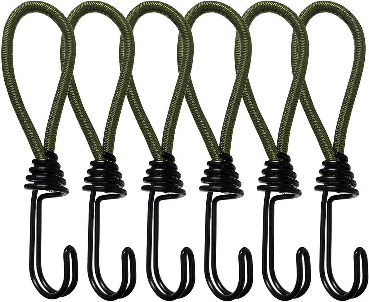 Allecto Plus - Elastisch bungeetouw 6 stuks met metalen haken voor camping en bagage - dakdragers transportbeveiliging