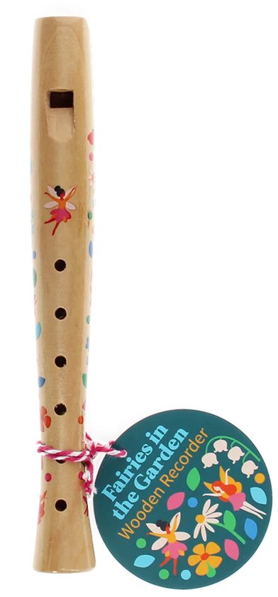 Houten blokfluit versierd met feeën en bloemen, met een ronde kaart waarop 'Fairies in the Garden Wooden Recorder' staat.