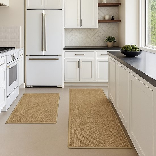 Keukenloper set van 2 – Antislip & wasbaar – Jute look – 44×120 + 44×75 cm