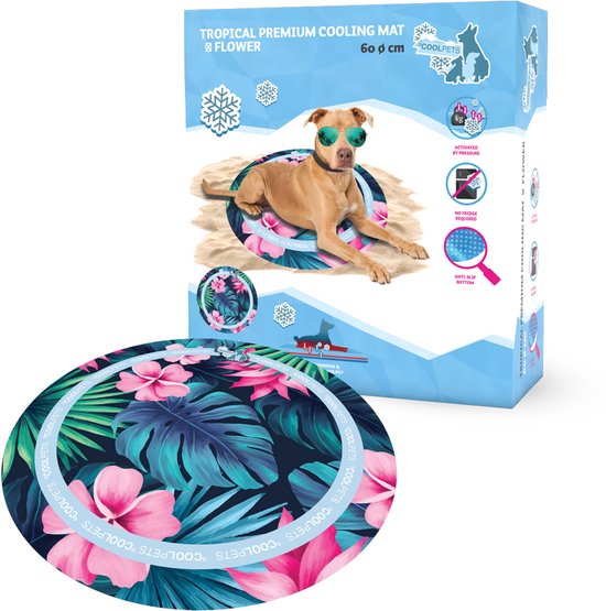 CoolPets Tropical Premium Koelmat Hond - Rond - 60 cm - Anti-slip en Non-flow Coolgel - Bloemen print