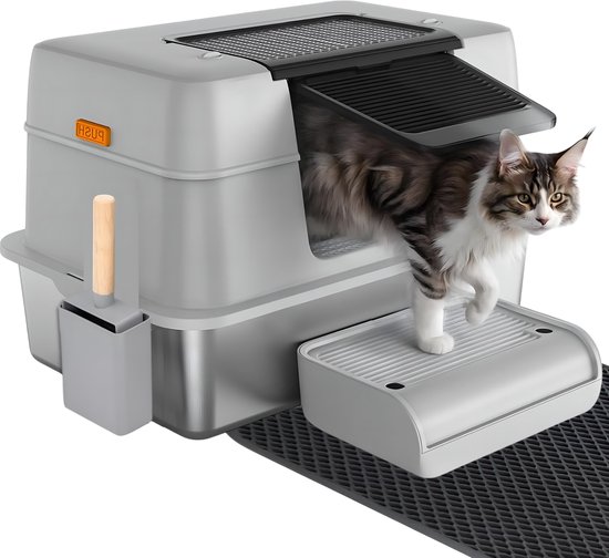 CatElite® - Premium Kattenbak RVS - XXL - Met Zij-ingang - Incl. Kattenbakschep, Grit Opvanger & Uitloopmat - Voor Grote & Kleine Katten - 37L Inhoud Groot - Grijs