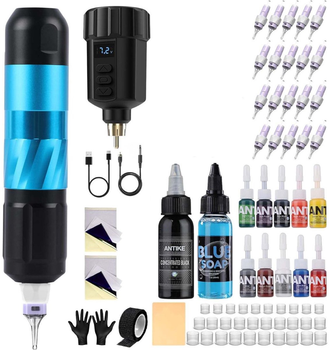 CLGP® Tattoo Machine met Accessoires - Tattoo kit Draadloos - Complete Set - Zwart en Blauw