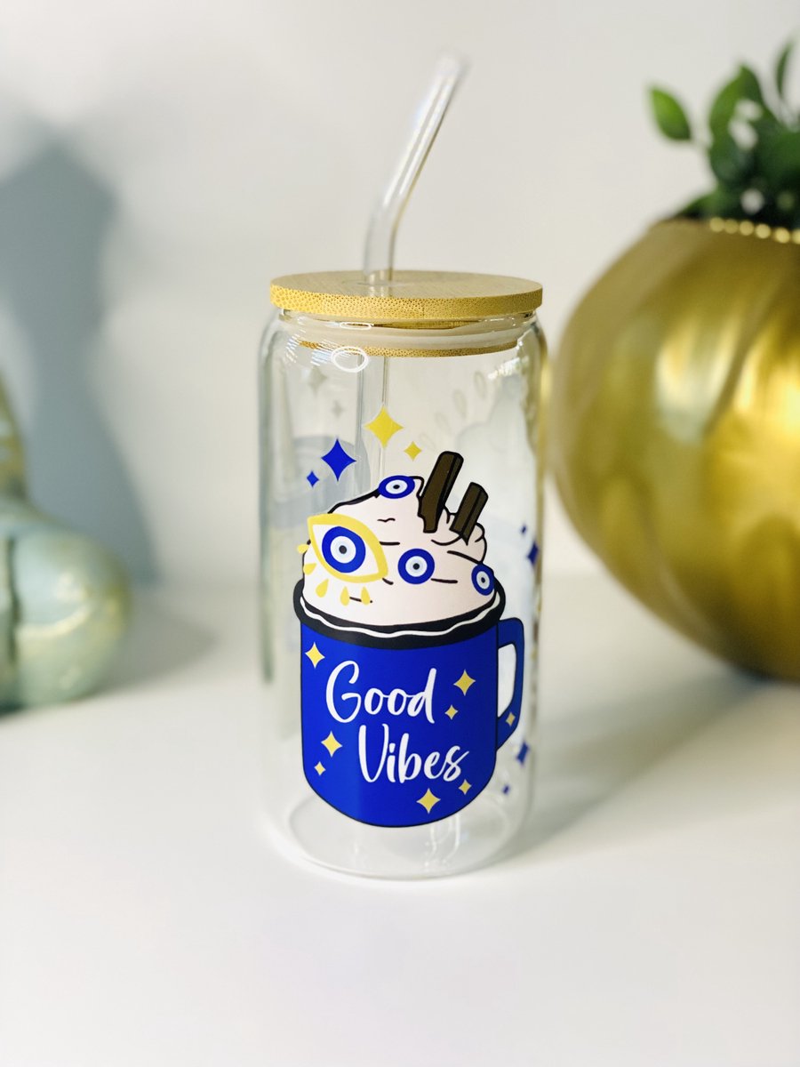 Evil Eye Drinkbeker – Glas met Bamboe Deksel & Rietje 500 ml