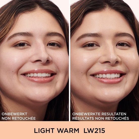 Model met make-up 'Light Warm LW215' en zonder make-up.