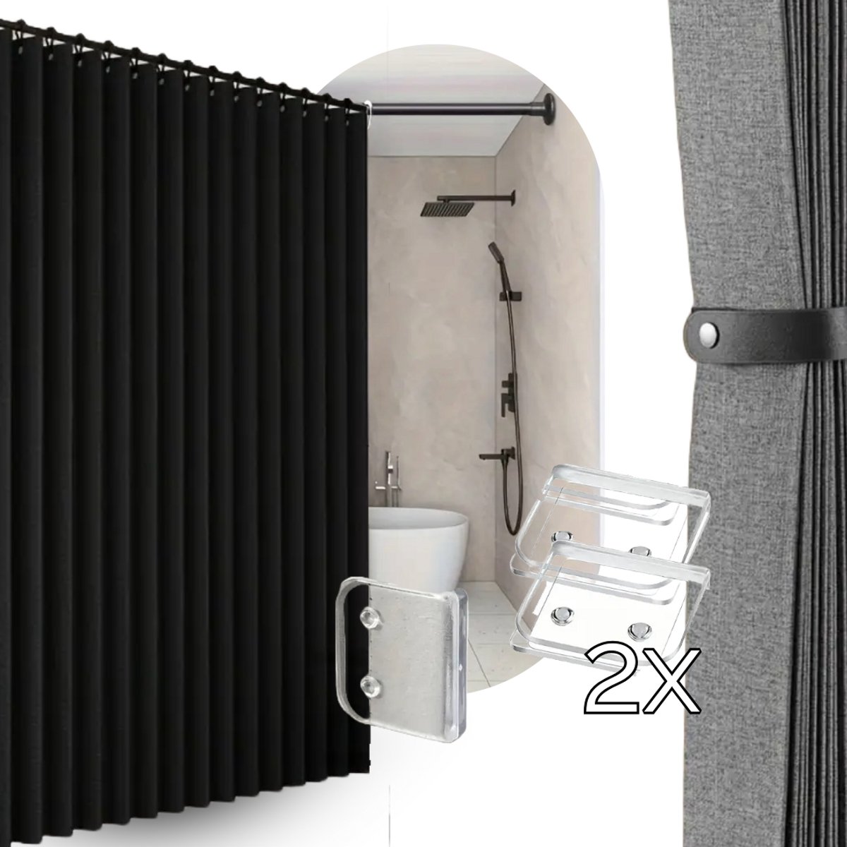Vouw Douchegordijn 120x200 + 2x Transparante Clips | Zwart | Stof | Water- & Schimmelbestendig | Anti-Plak | Modern & Strak Douche Gordijn | Bundel
