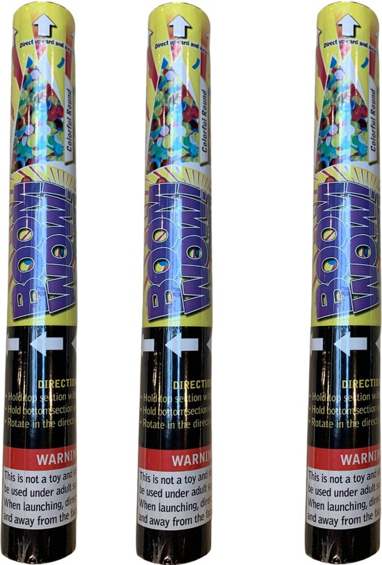 Lanceur de Confettis Boom Wow – Set de 3 – 30 cm – Ø 5 cm – Rond coloré – Pression de gaz – Pour Fête et anniversaire