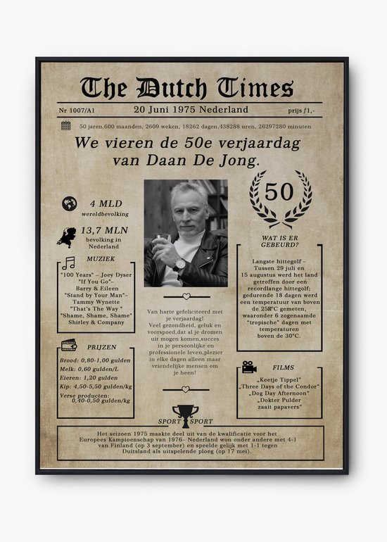 Gepersonaliseerde Verjaardagskrant – Poster in Retro Krantstijl met Foto en Naam – Origineel Cadeau voor 40e,50e, 60e, 70e, 80e Verjaardag