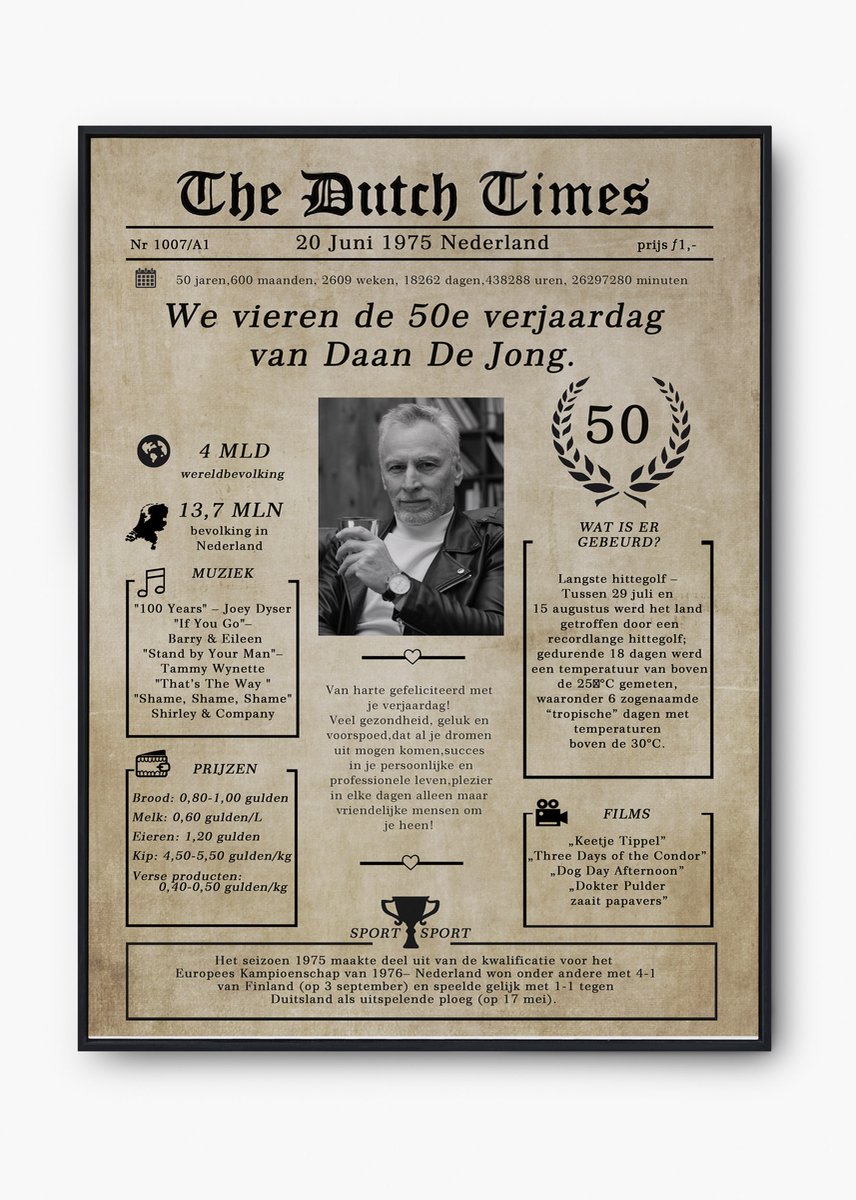 Gepersonaliseerde Verjaardagskrant – Poster in Retro Krantstijl met Foto en Naam – Origineel Cadeau voor 40e,50e, 60e, 70e, 80e Verjaardag-persoonlijk-Sarah-Abraham-alle jaren van 1930 tot heden-A4 mat-je wensen op de poster-cadeau met een foto