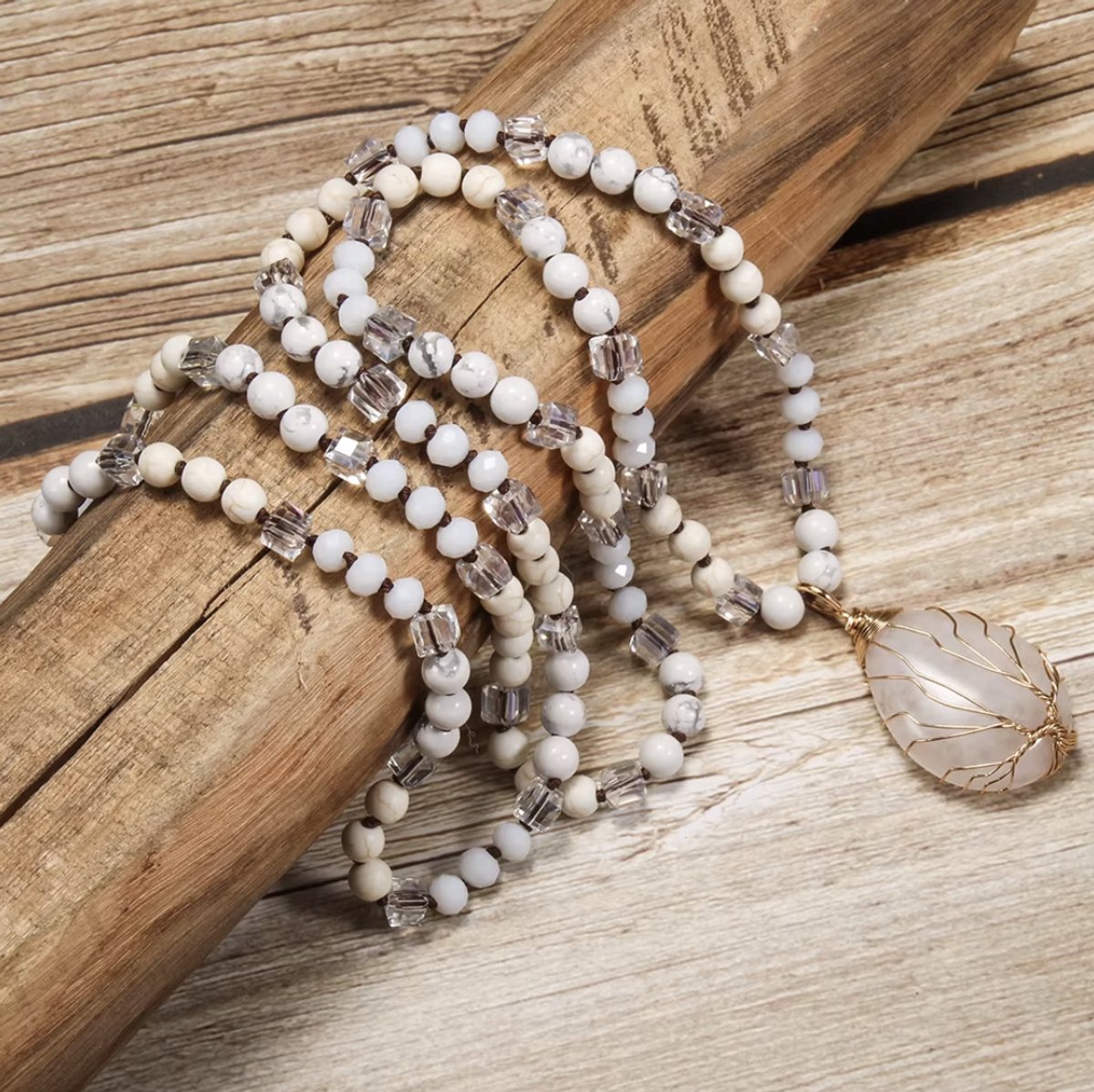 ASTRADAVI Mode Sieraden - Ketting - Prachtige natuursteen ketting - waterdruppel hanger met levensboom - Wit