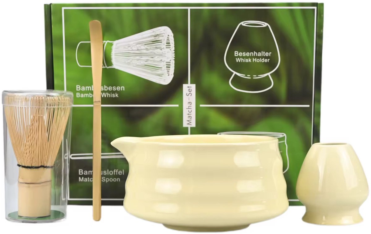 Beige Luxe Matcha set - Luxe Matcha Giftset 5pcs - Matcha Japanse theeset of koffieset - set van 5 keramische matchabowl, borstelhouder, matchagarde, matchalepel Giftbox - Cadeau - Matcha set met beige design