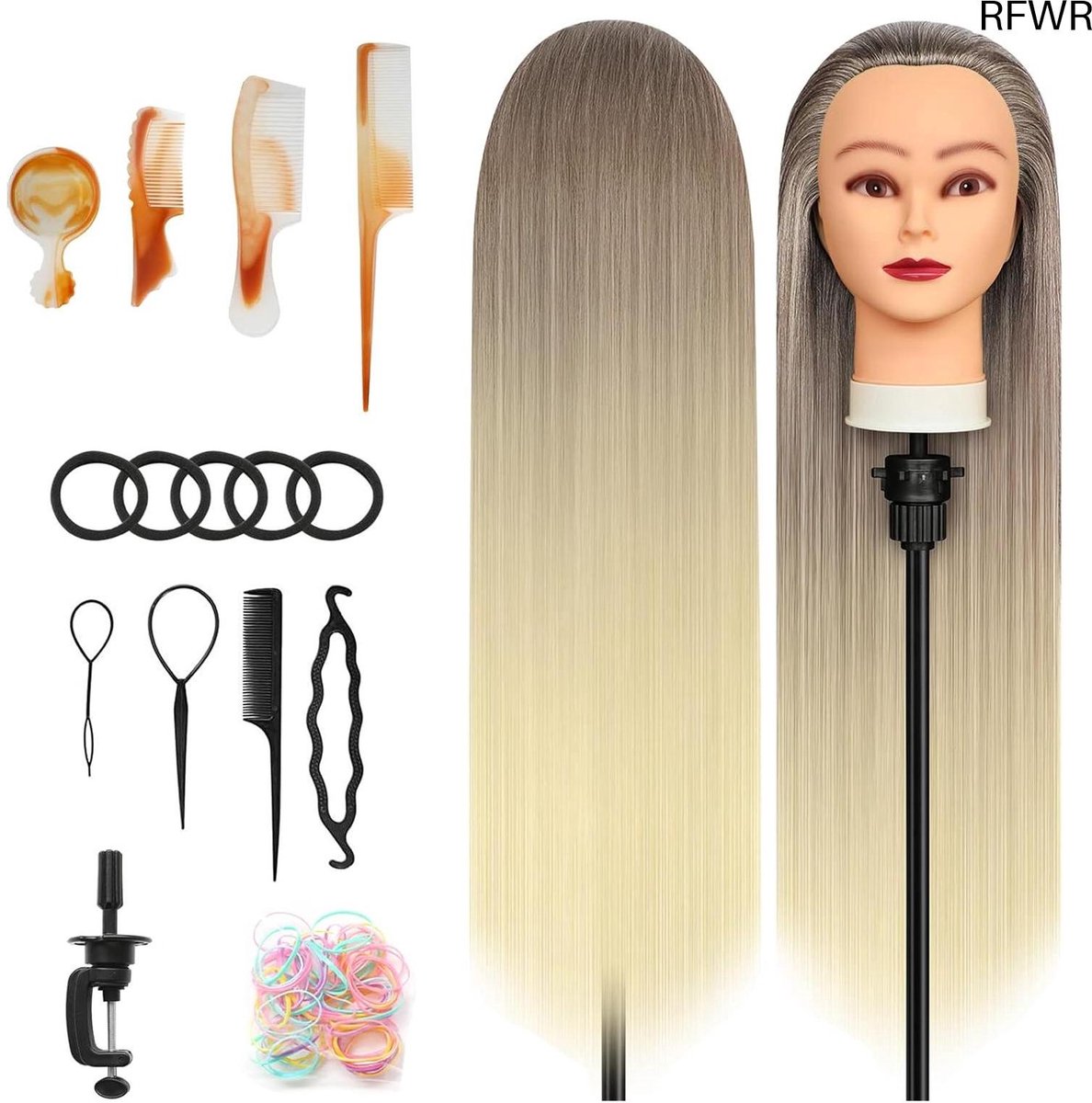 RFWR® Trainingshoofd voor kapsels - 28 inch oefenhoofd met synthetische vezels en accessoires