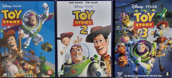 Pochettes DVD Toy Story, Toy Story 2 et Toy Story 3 avec les personnages Woody et Buzz l'Éclair en action.