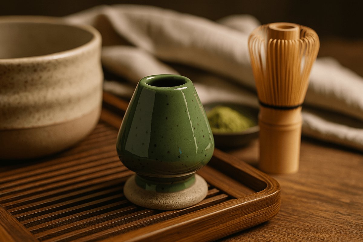 Matcha Klopperhouder Mori – Groene Keramische Kusenaoshi – Handgemaakt – Chasen Houder – Japans Design – Accessoire voor Theeritueel