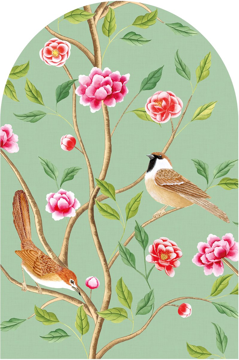 Muursticker - behangboog - Chinoiserie - vogels met bloemen en planten - 60 x 90 cm - wanddecoratie woonkamer - slaapkamer - zelfklevend behang - peel and stick wallpaper