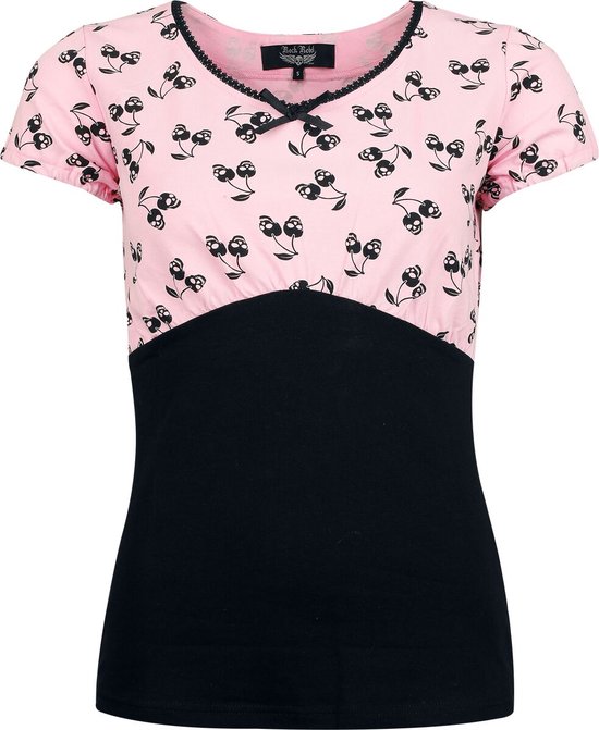 Roze T-shirt met zwarte kersenprint, zwarte boord aan de onderkant en zwart strikje.