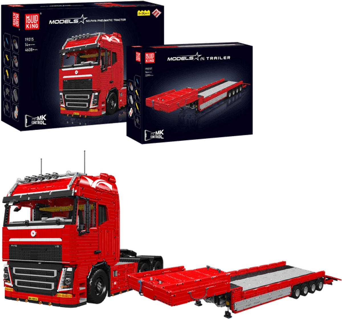 Mould King 19015v2 FH 16 Pneumatische Tractor + 19015T FH16 oplegger Aantal onderdelen 8000 + stuks