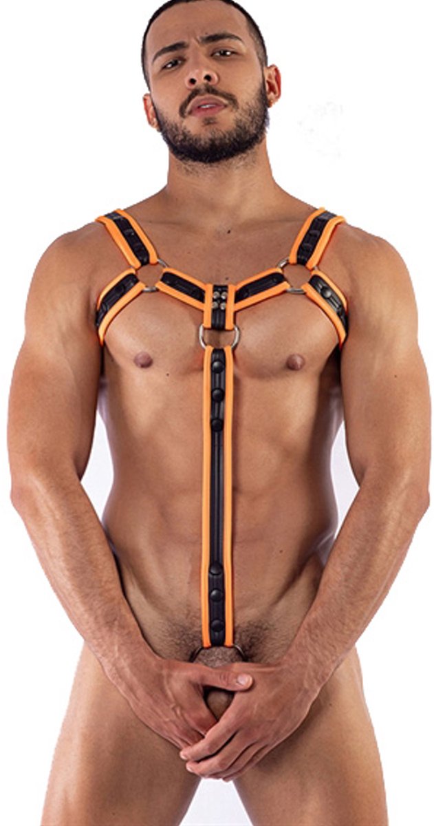 Mister B Neopreen Bodyharnas zwart - oranje - met riem en cockring - medium
