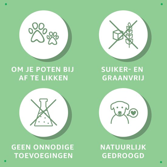 Vier pictogrammen: poten, geen graan, geen flesjes, hond met hartje. Tekst: Om je poten bij af te likken, Suiker- en graanvrij, Geen onnodige toevoegingen, Natuurlijk gedroogd.