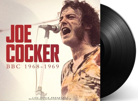 LP hoes met Joe Cocker die zingt in de microfoon, "JOE COCKER BBC 1968-1969" staat erop.