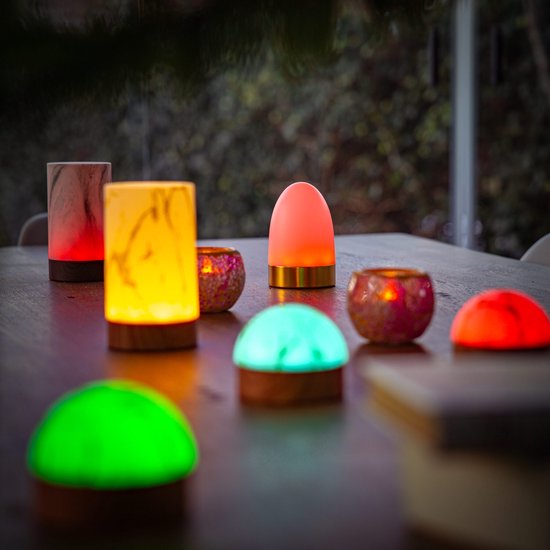 Lampe de table LED rechargeable – 105 heures – Étanche – Minuterie – Globe – Marbre/Bois