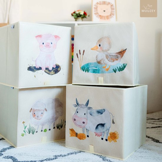 Muuzey Opbergmanden Kinderkamer - Set van 4 Opbergboxen voor Kallax Kast - Speelgoed Opbergdoos - 33x33x33 CM - Speelgoedmand BabyKamer Dozen - Dierenmotief Inzetbakken - Dieren Inzetbakken — afbeelding 5