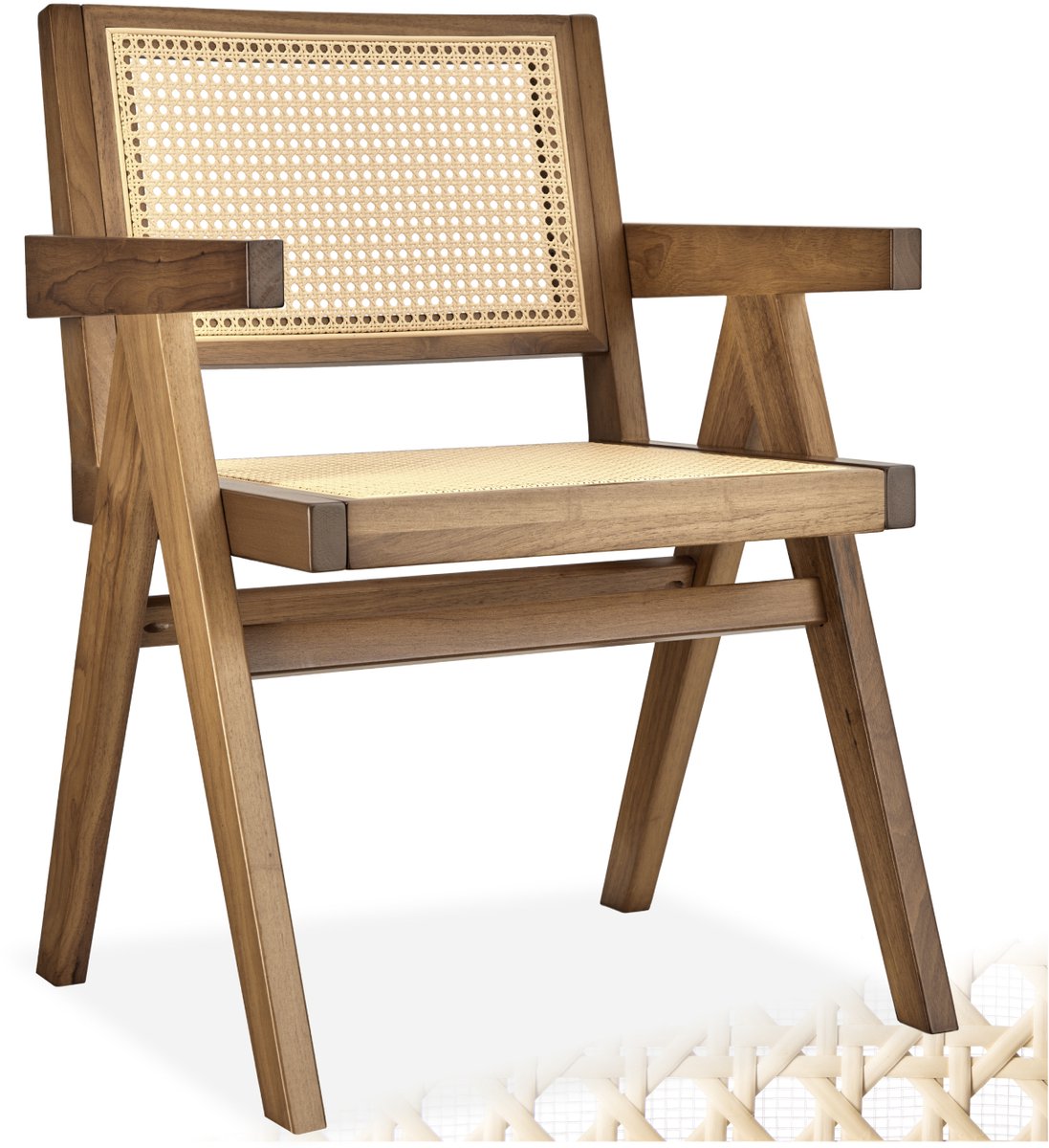 Tectake Houten Stoel Lizzy met Armleuning - Licht Eiken - Eetkamerstoel met Weens Vlechtwerk - Boho-Stijl Stoel met Rugleuning - Massief Houten Frame - Belastbaarheid 120 kg