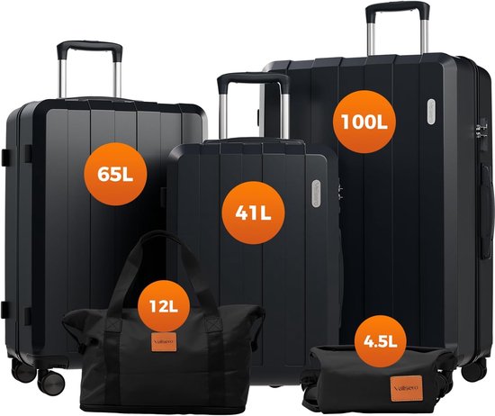 VALLSERO LG1 Trolley kofferset (M,L,XL) harde shell koffer, trolley 5-delige set - Trolley kofferset (M,L,XL) harde shell koffer - ABS Hard Shell met TSA-slot - 4 Wielen - Grote Capaciteit - trolley 5-delige set -Handbagage - Reiskoffer Set