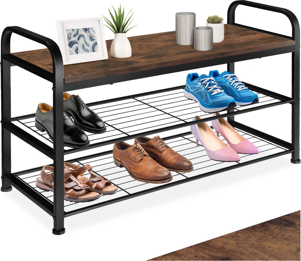 tectake® Smal schoenenrek met zitje - 3 niveaus van 1 zitje en 2 roosterplanken - Schoenenbank van hout en metaal - Industrieel design - Zwart metalen frame - Afmeting (LxBxH) 91 x 36 x 55 cm - Donkerbruin