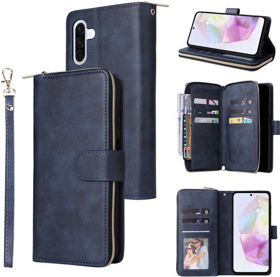 Blauw telefoonhoesje met ritssluiting, portemonnee, polsbandje en ruimte voor pasjes.