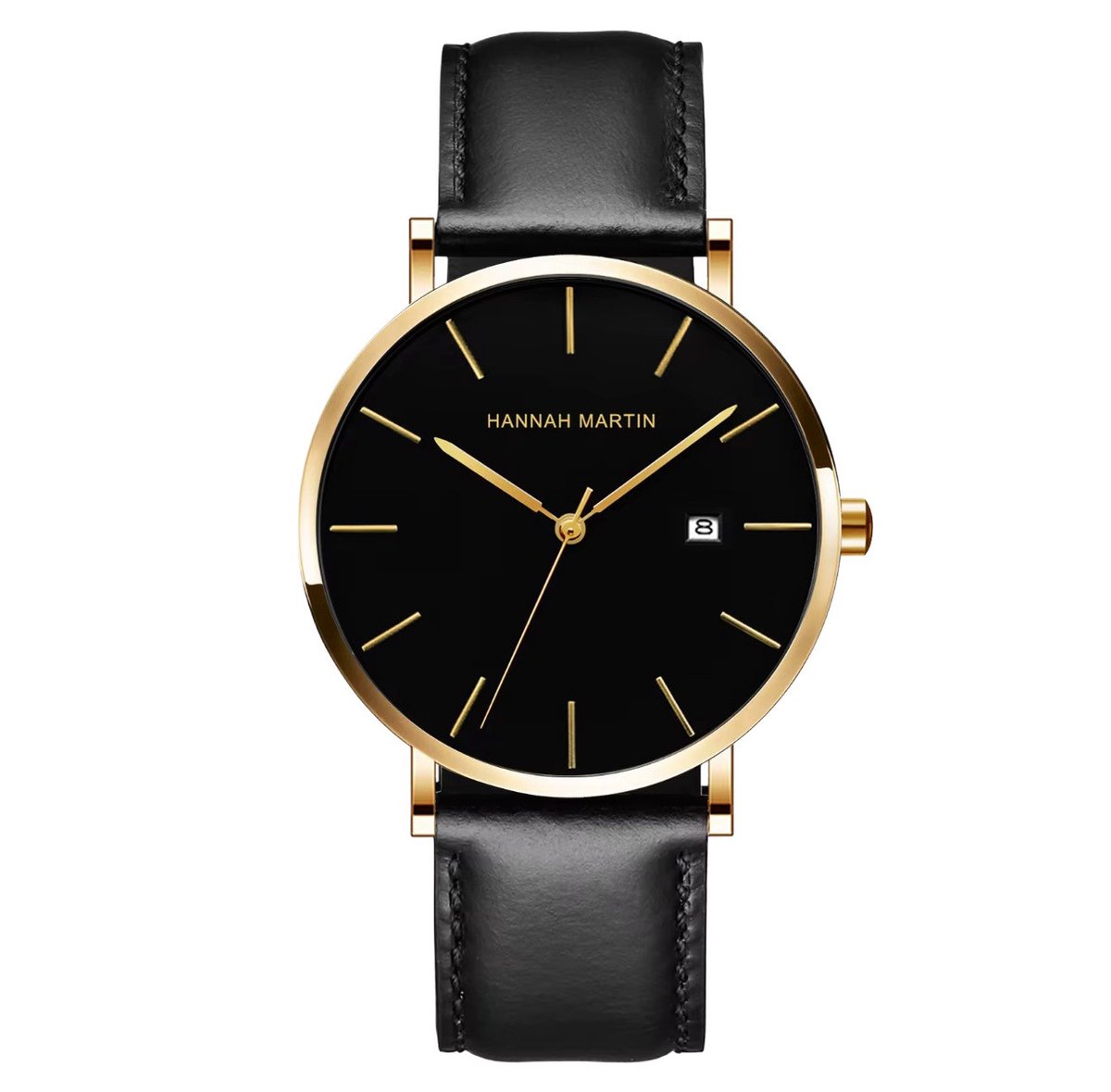 Hannah Martin Heren Horloge Zwart | Zwart Plaat | Bruin Lederen Polsband | Goudkleurig Wijzers | Heren Horloges | Horloges |