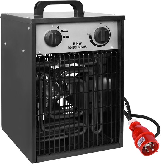 Zwarte Aufun 5KW straalkachel met handvat, twee draaiknoppen, metalen rooster en rode stekker.