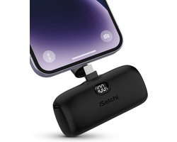 iSetchi Mini Powerbank 5000 mah (USB-C) - Compact formaat - Externe Batterij - Geïntegreerde Kabel - Noodpakket - USB-C Kabel - LED-Display - Geschikt voor iPhone - Zwart