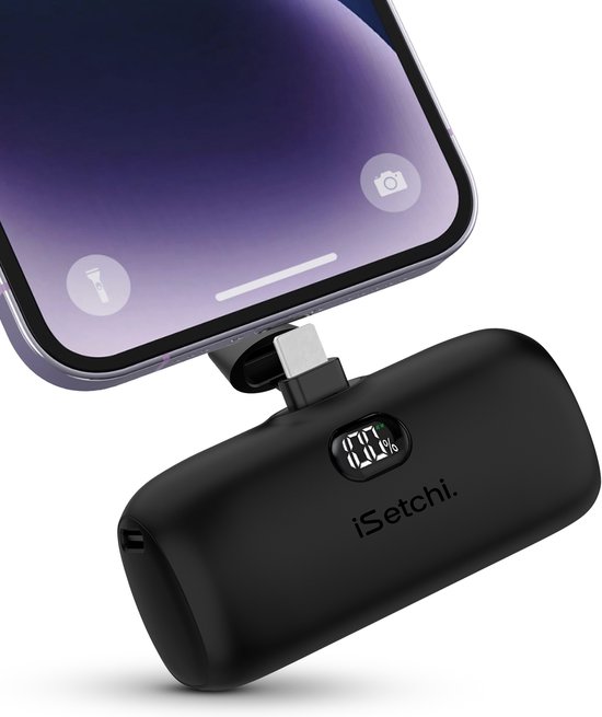 iSetchi Mini Powerbank 5000 mah (USB-C) - Compact formaat - Externe Batterij - Geïntegreerde Kabel - Noodpakket - USB-C Kabel - LED-Display - Geschikt voor iPhone - Zwart