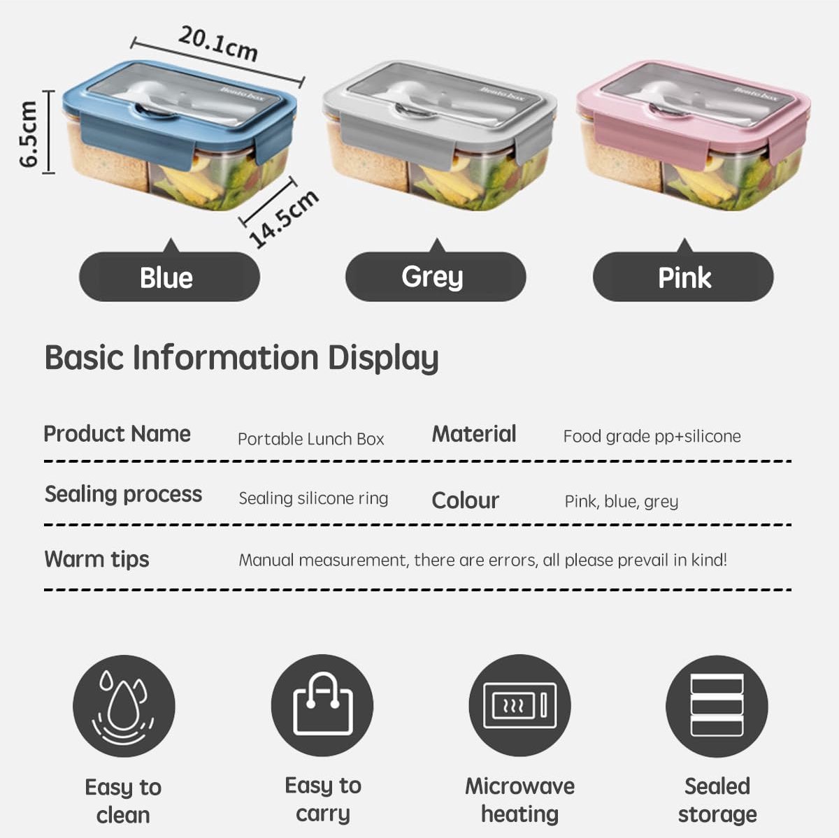 Broodtrommel - broodtrommel lunchbox volwassenen - Lunchboxen kinderen - Lunchbox met vakjes - Herbruikbare lunchbox - Boxcontainer met 2 compartimenten - Geïsoleerde - Afsluitbare - Draagbare - Kan in de magnetron worden verwarmd (grijs) — cadeau in Koken & Dineren - foto 6