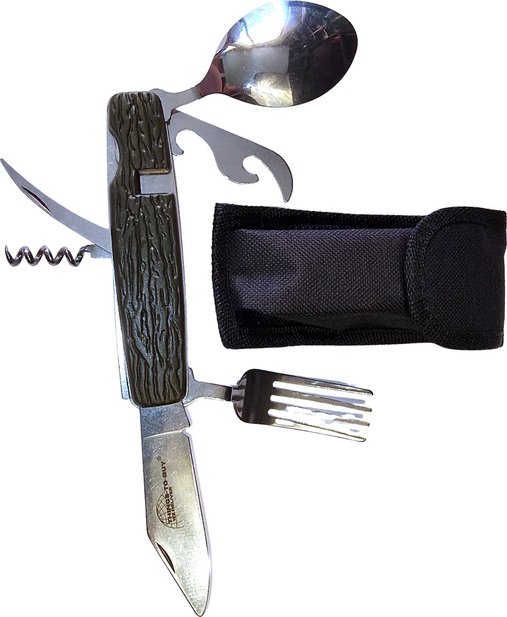 THINGS-TO-BUY – Camping – Reisbestek – 6 in 1 – Inklapbaar en Deelbaar – RVS Outdoor Set met Mes, Vork, Lepel, Kurkentrekker & Meer – Inclusief Opberghoes